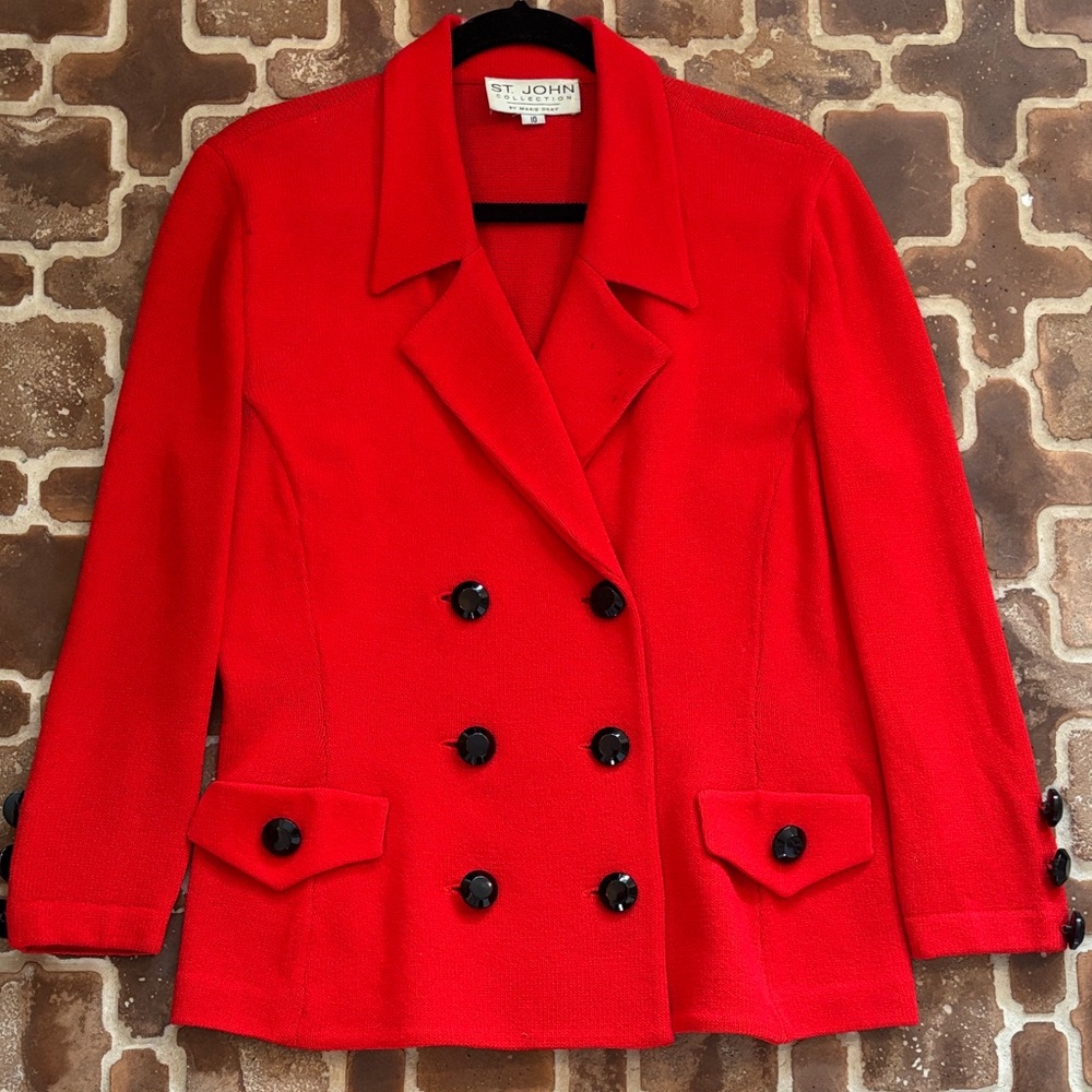 St. John Vintage Vibrant Red Double-Breasted Blazer and Skirt!
